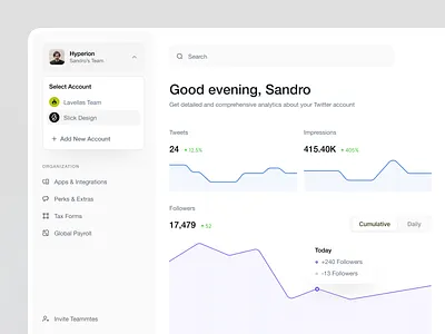 Twitter Analytics admin panel analytics chart clean ui crm dashboard data visualization data viz google analytics graph ndro ppc saas sandro tavartkiladze twitter twitter analytics web app webn