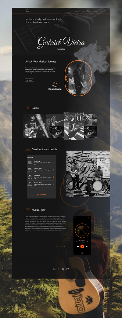 Landing page artist band black blues classes concert darkmode guitar jazz music musicconcert musician musicimages orange pop rock ui userinterface webdesign