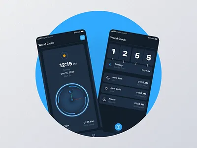 World Clock analog android dark theme digital ios mobile app modren time zone ui ux world clock
