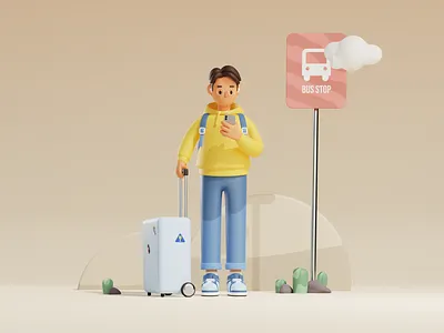 Where to Go - 3D Illustration 3d 3d bus stop 3d character 3d design 3d illustration 3d object 3dsuitcase 3dtravel bag graphic design