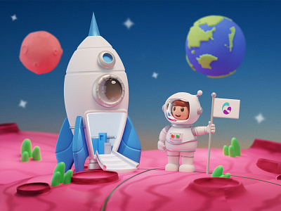 A Graphisphere Astronaut Landing on Dribbble Platform 3d astronaut dribbble graphisphere illustration rocket space spaceship