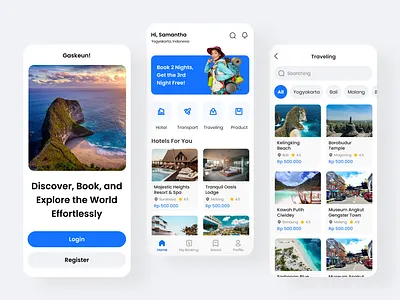 Gaskeun - Traveling Mobile App airplane blue booking clean destination food hotel mobile product design ticket tourist train travel ui uiux