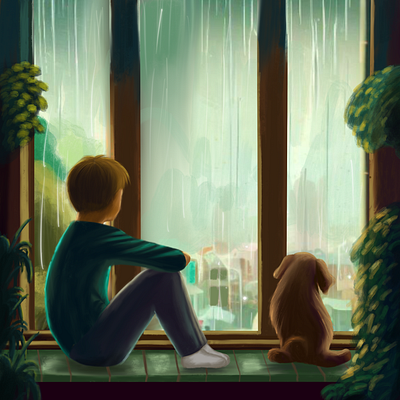 Rainy Day Bonding adobe illustrator artwork boy boy and dog digital art drawing illustration rain rainy illustration