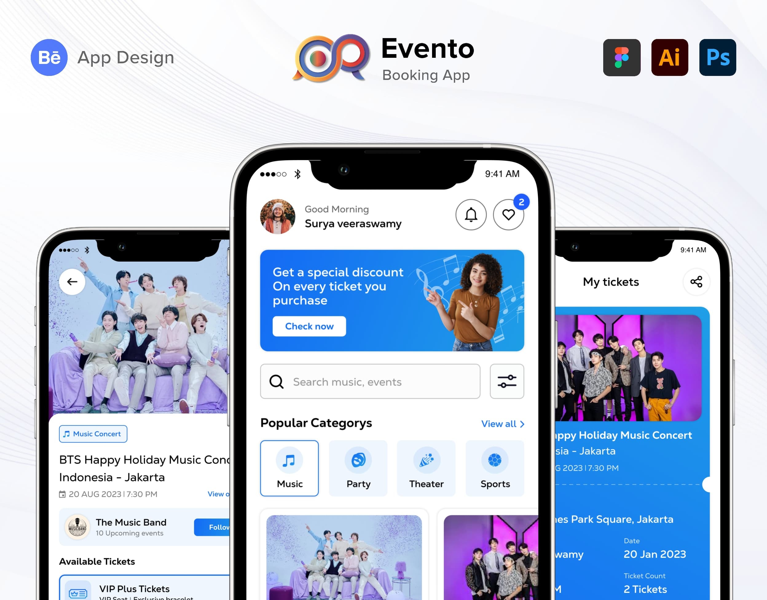 Evento - Event booking app booking branding dark mode event event booking evento graphic design light mode music party theatre ui