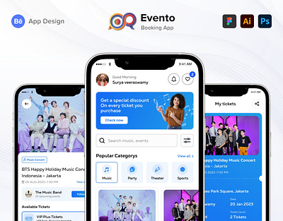Evento - Event booking app booking branding dark mode event event booking evento graphic design light mode music party theatre ui
