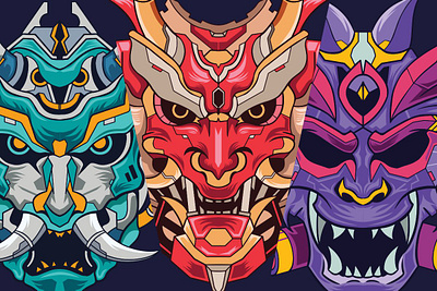 Oni Mask Mecha Vector T-shirt Designs Bundle apparel design artwork clothing hannya mask illustration japanese culture japanese t shirt design mecha oni mask mecha oni mask t shirt design onimask pod print on demand robot samurai t shirt design vector oni mask