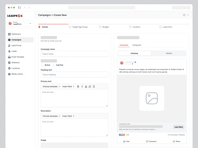 Leadpros 🎯 ad management campaign clean dashboard lead lead template saas ui ux web design wireframe