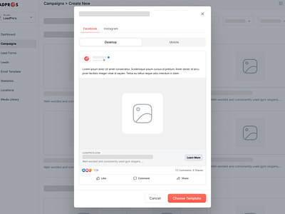 Leadpros 🎯 ad preview ui campaign creation desktop facebook ad lead saas ux wireframe