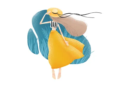 Girl in yellow hat character character design dress fairy tale freedom girl grain hat illustration magic nature plants sea summer vector wind woman yellow