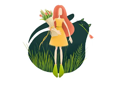 Girl and the Cat animal cat character character design fairy tale flower forest girl grain grass illustration magic nature present summer vector woman