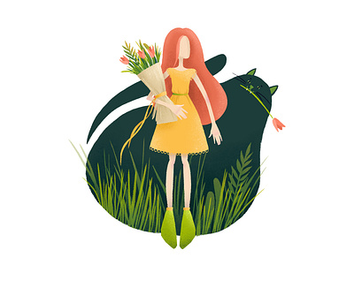 Girl and the Cat animal cat character character design fairy tale flower forest girl grain grass illustration magic nature present summer vector woman