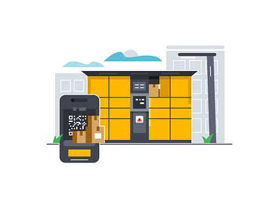 Parcel locker app clouds delivery design flat illustration minimal parcel locker phone post street streetlight