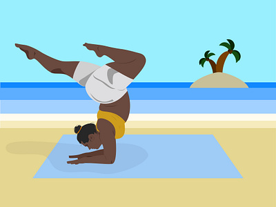 Flat illustration of a lady enjoying a yoga session on the beach beach blue colours flat illustration plus size sand shadows yoga yoga mat