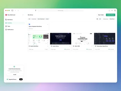 Demoz - Interactive product demo builder arcade attio block chrome dashboard demo demoz drag editor filter folder interactive linear list minimal sidebar slide sort ui white