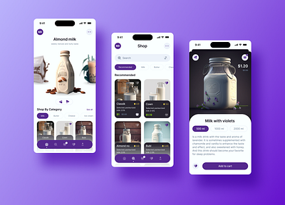 Food Milk delivery Mobile app app card delivery delivery app design e commerce food homepage ios milk milk delivery minimal product purple search shop ui ui design ux uxui