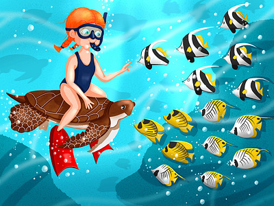 Sea Life Magazine illustration. Girl snorkeling book illustration character character concept character design child children illustration design digital 2d fish flora and fauna graphic design illustration illustrator kid illustration magazine sea sea world snorkeling turle