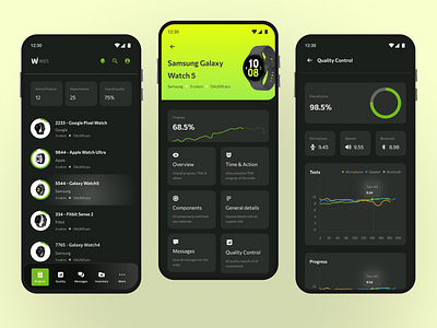 Smartwatch Manufacturing - Mobile Application app audit dashboard ecommerce inventory manufacturing mobile app order details order management project management quality quality dashboard quality management smartwatch manufacturing smartwatch production testing