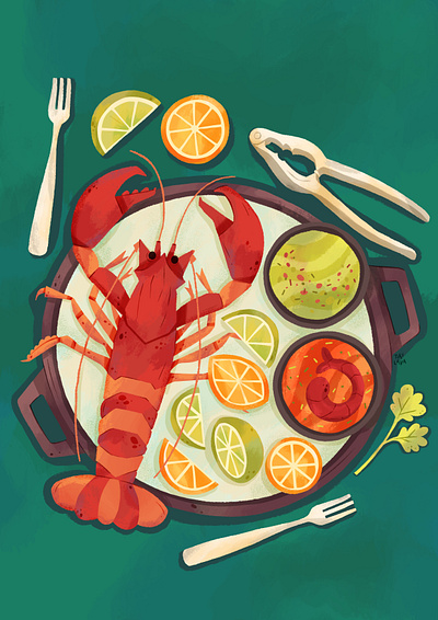 Lobster dinner with butter prawn sauce advertising branding design digitalart dinner editorial food graphicdesign illustration lobster magazine restaurant