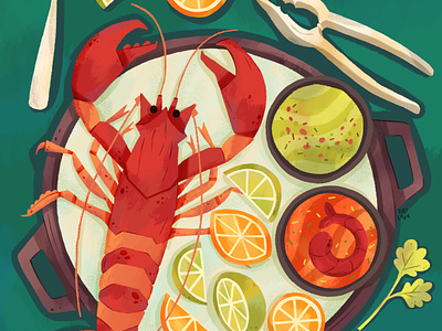 Lobster dinner with butter prawn sauce advertising branding design digitalart dinner editorial food graphicdesign illustration lobster magazine restaurant