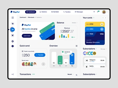 PayPal - Web UI Concept balance bank banking cards coin colourful creative credit card dashboard finance financial fintech interface money paypal savings transactions transfer visa web design