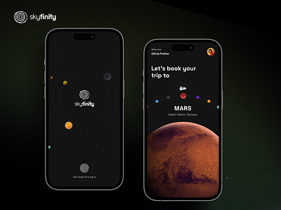 Skyfinity – space travel app 🚀 branding planet space spaceship travel ui ux