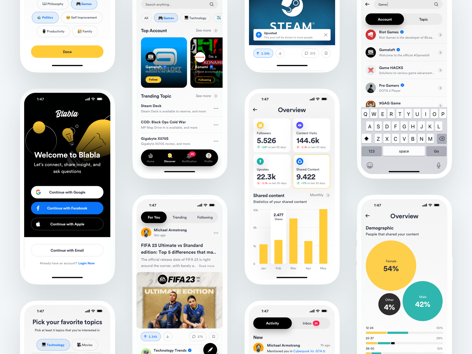 Social Media News App chart chat clean facebook feed feeds instagram interaction design message minimalist mobile app photo popular quora reddit social app social media tiktok twitter ui