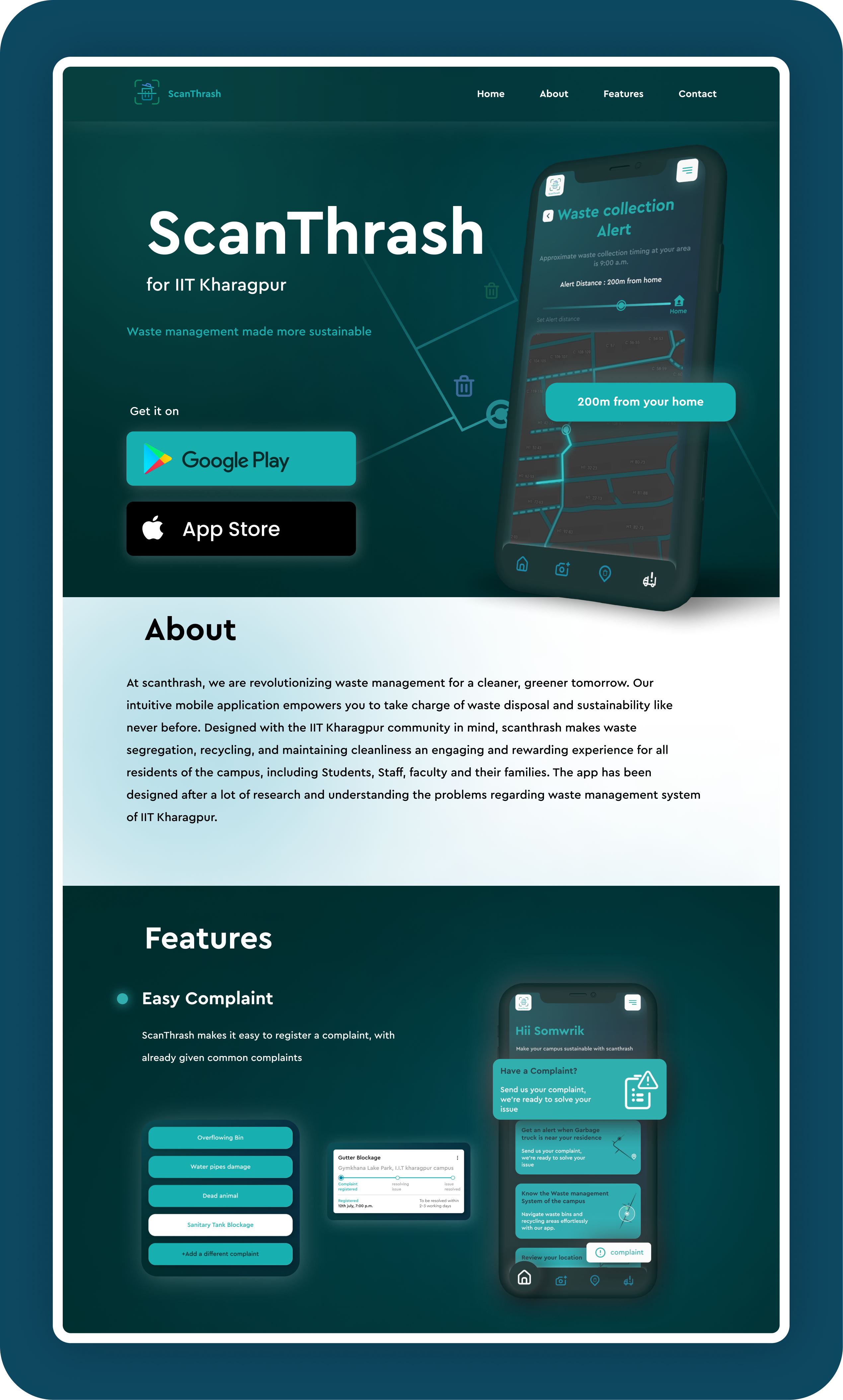 Landing page for an App | ScanThrash app app landing page application dailyui dark mode graphic design iit kharagpur landing page thrash tracking ui uiux waste management web app