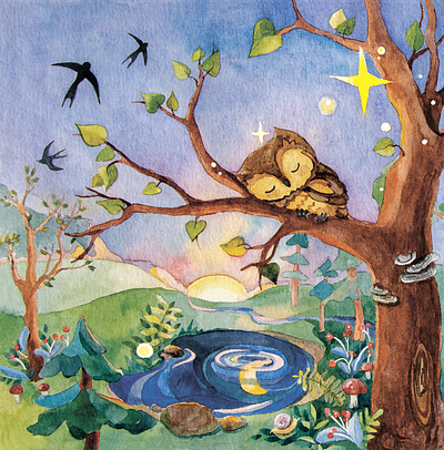 Sleeping baby owl illustration animal illustration book illustration illustration owl owl illustration watercolour