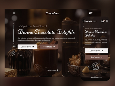 ChocoLux - Chocolate Shop Landing Page branding candy chocolate eating ecommerce food home page interface landing page modern order restaurant store sweet shop ui ux web web design website