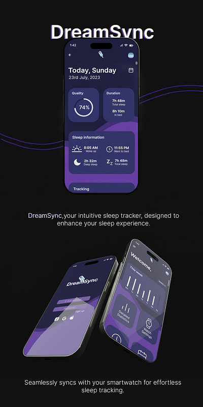 DreamSync - Sleep Tracker 3d adobe xd app design application asthetic blender branding design figma graphic design logo mobile app procreate ui uiux ux