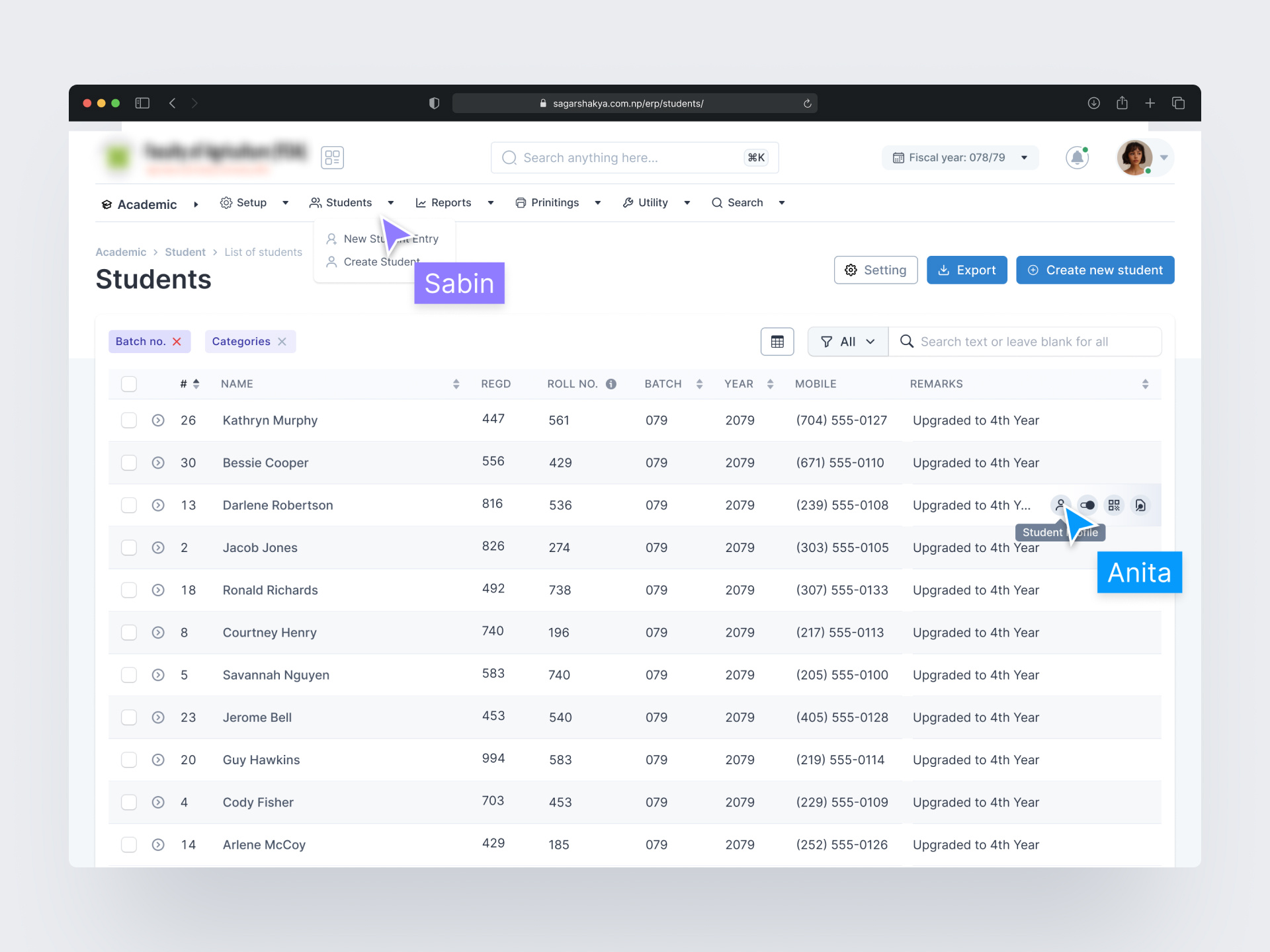 Example of ERP Students list design for University/College