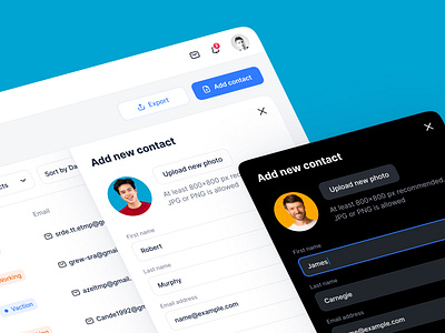 Contact list UI add user contacts dashboard inputs list people popover table ui ux