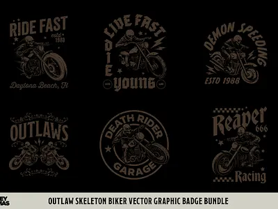 Outlaw Skeleton Biker Vector Graphic Bundle badge badges biker biker badge branding classic design for sale graphics illustration logo merch merchandise motorcycle retro shirt skeleton skeleton biker skull vintage