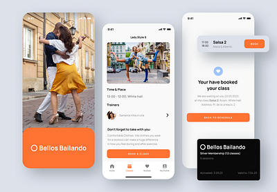 Dance school mobile app application booking application branding colors dance school dance school app fitness app identity interfaces mobile mobile design orange product design typography ui ux webdesign