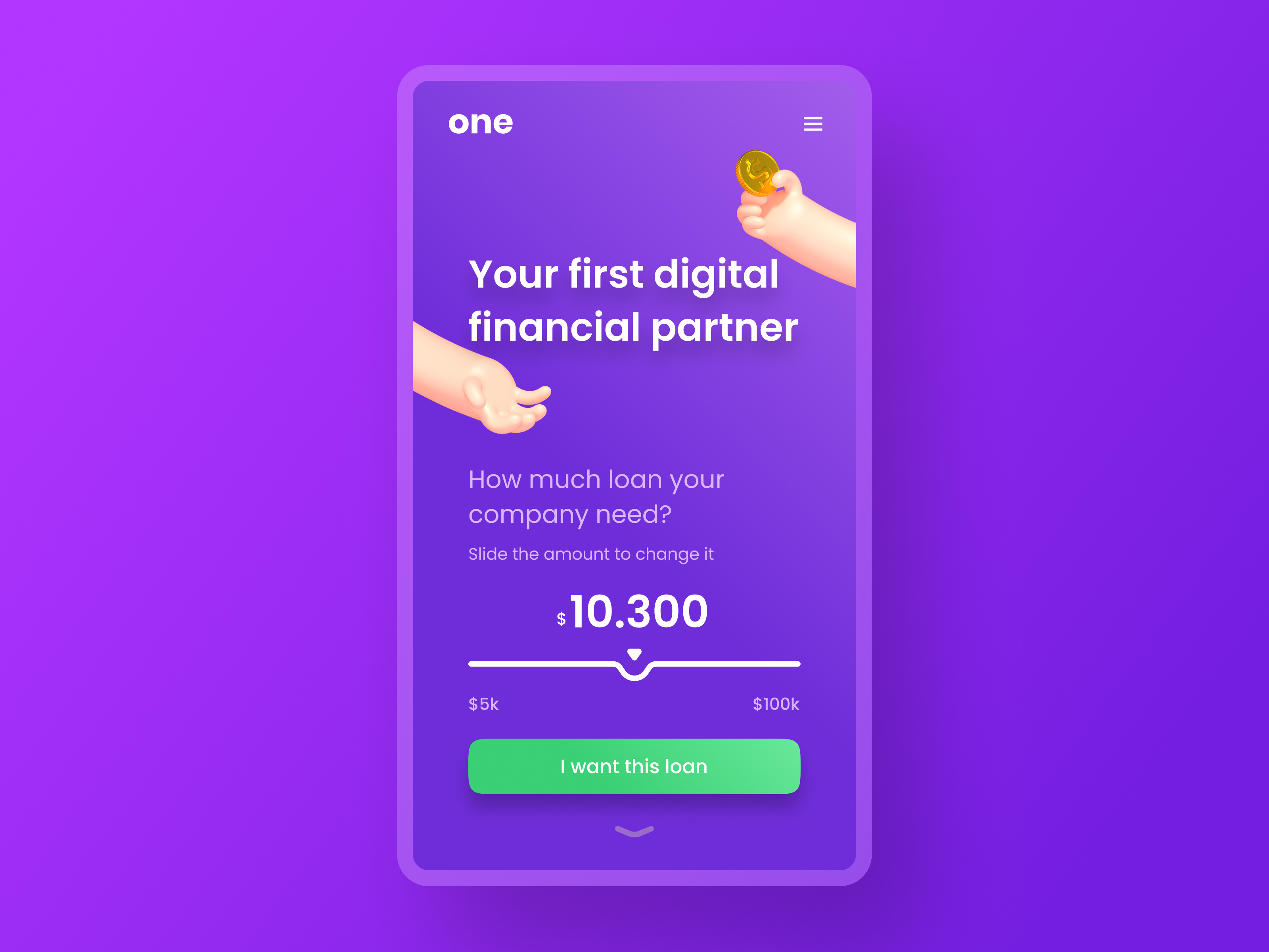 one SMB business loan web app 3d app business colors finance homepage illustration landing layout loan minimal mobile simple slider typography ui ux