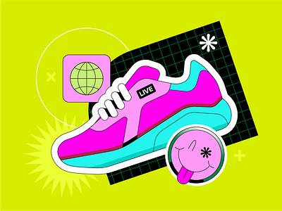 Running at TikTok LIVE design fitness illustration pink running shoe shoes smiley face tiktok trendy vector yellow