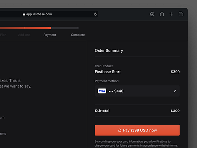 Firstbase in-app payment experience app button checkout clean payment saas startups ui