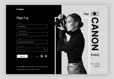Photography contest Signup Page | The Canon Event black and white branding canon contest daily ui event graphic design instagram landing log in mono page photographer photography sign in sign up ui uiux webapp website