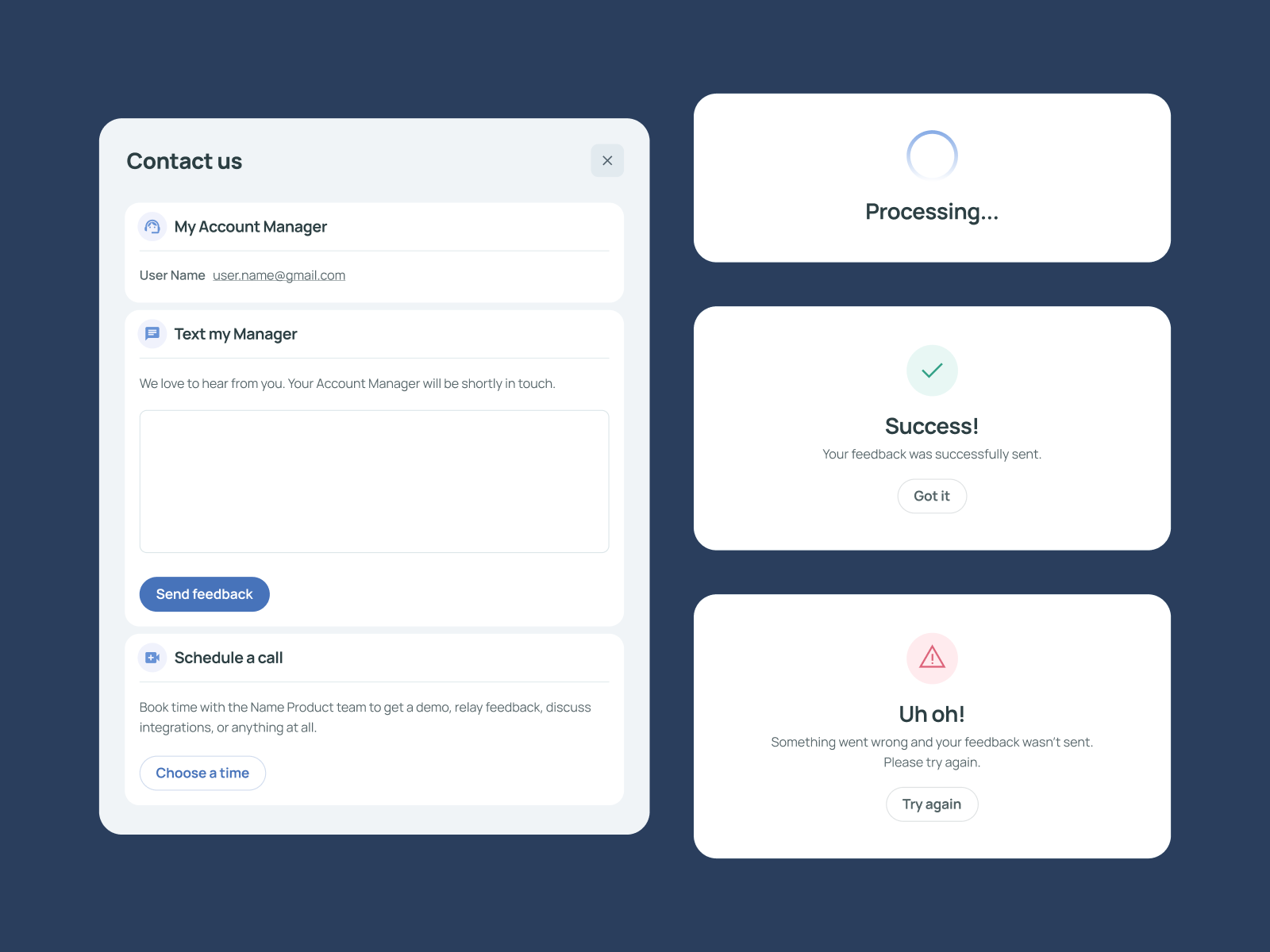 Modals contact us error feedback modal success ui uiux web