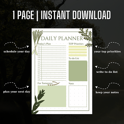 Undated Green Theme Digital Planner | Daily Goodnotes, iPad etc. daily goals planner