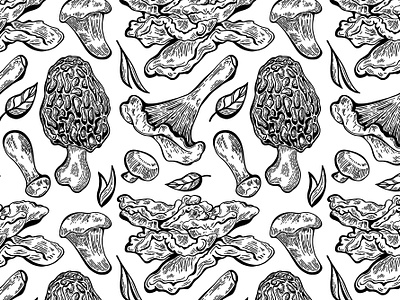 Wild Edible Mushroom Pattern carving chanterelle edible etching foraging fungi fungus illustration line art morel mushroom nature pattern repeat seamless shiitake vector wild wood cut woods