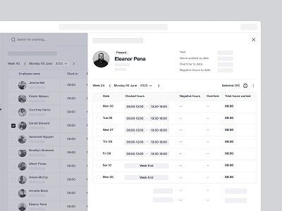 HR Management Software, SaaS Web App Wireframe UX Design clean clock in clock out dashboard employee hours logged hour details hr management modal saas time list ui ux web design wireframe