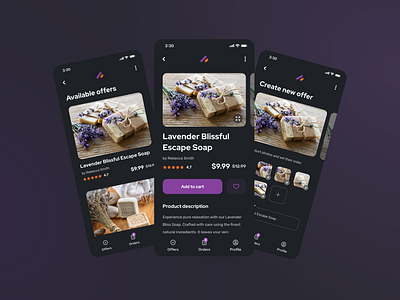 Brandbooster - dark mode 🎨🛍️ app artisans branding craftsmanship darkmode design handmade mobile mobileapp mobiledesign productdesign purple ui uidesign ux uxui