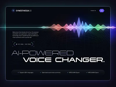 Voice Generator Landing Page ai ai powered design generate generator homepage landing page sound sound generator sounds speech synthesis ui uiux voice voice changer voice cloning web design website