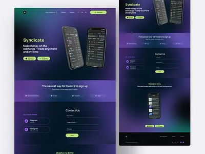 Mobile App's marketing landing page app applications apps design apps marketing crypto app dark green dark mode design figma finance app gradients landing for mobile lending page marketing mobile mobile design ui uiux design ux violet