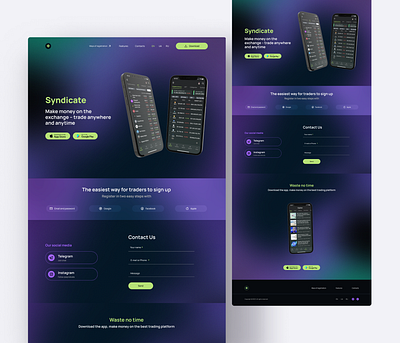 Mobile App's marketing landing page app applications apps design apps marketing crypto app dark green dark mode design figma finance app gradients landing for mobile lending page marketing mobile mobile design ui uiux design ux violet