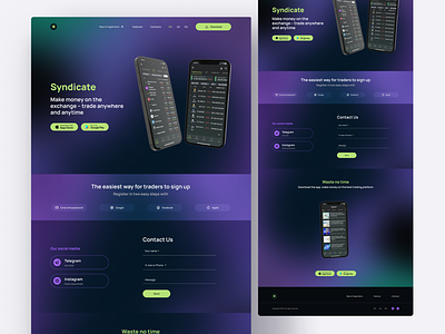 Mobile App's marketing landing page app applications apps design apps marketing crypto app dark green dark mode design figma finance app gradients landing for mobile lending page marketing mobile mobile design ui uiux design ux violet