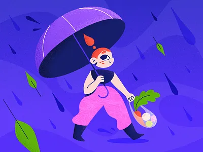 Little joys. Take a long walk app blue carrot character evening flat food girl illustration illustrator leaf market rain summer texture umbrella vector walk walking weather