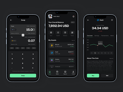 Crypto App app balance black clean crypto cryptocurrency design figma gray green iphone minimal mobile mockup money poland ui uiux ux wallet