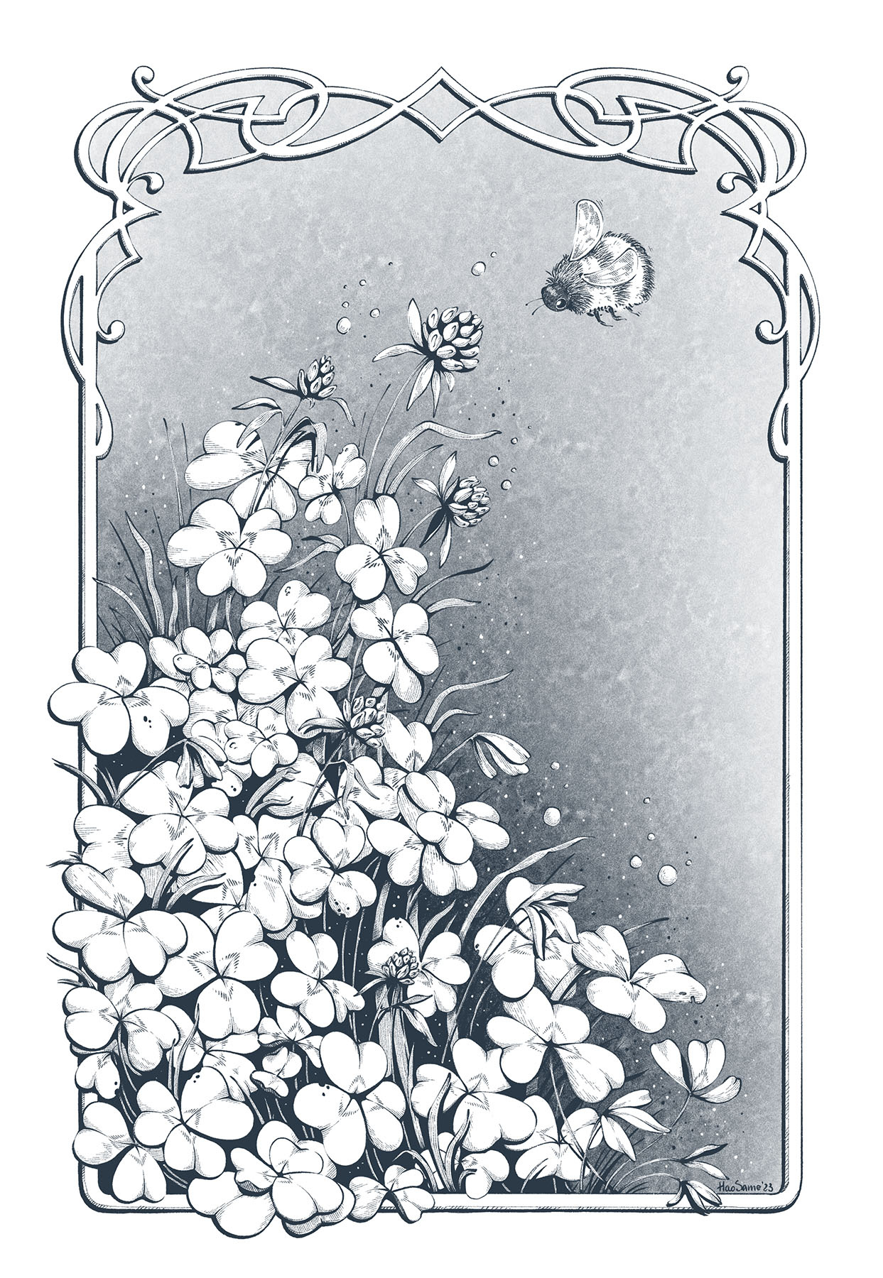 Clover black and white botany clover etching graphic art illustration procreate